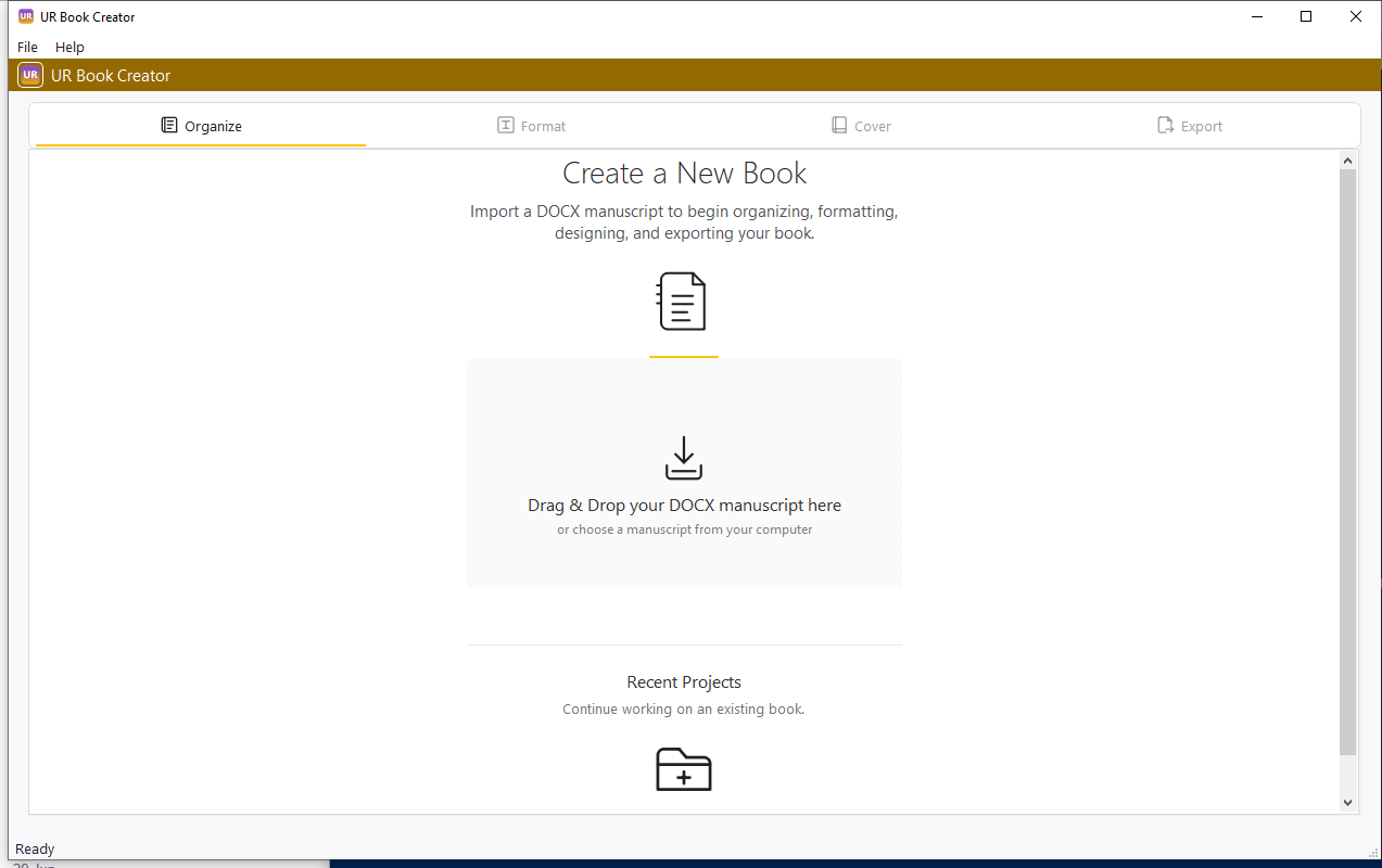 UR Book Creator development start screen showing the Organize, Format, Cover, and Export workflow
