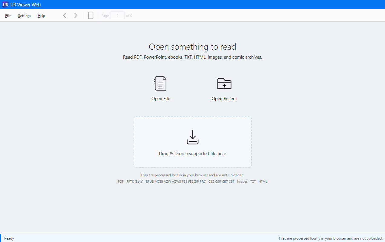 UR Viewer Web local-file launch screen